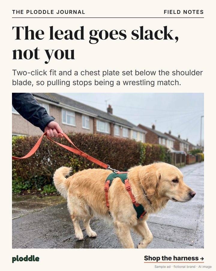 Example editorial ad for a dog harness brand