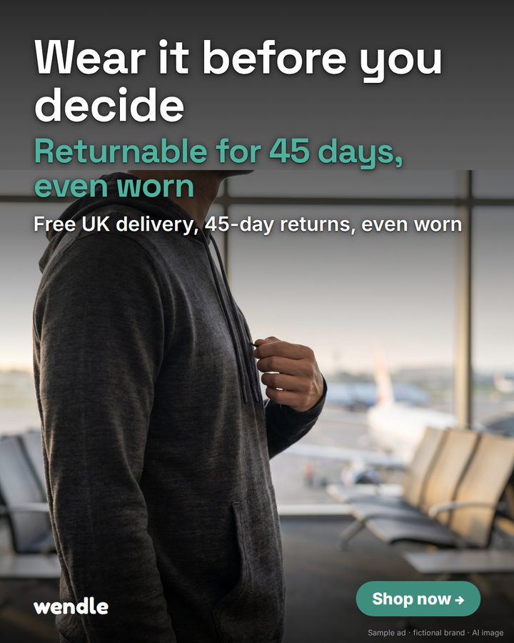 Example photo ad for a travel hoodie brand